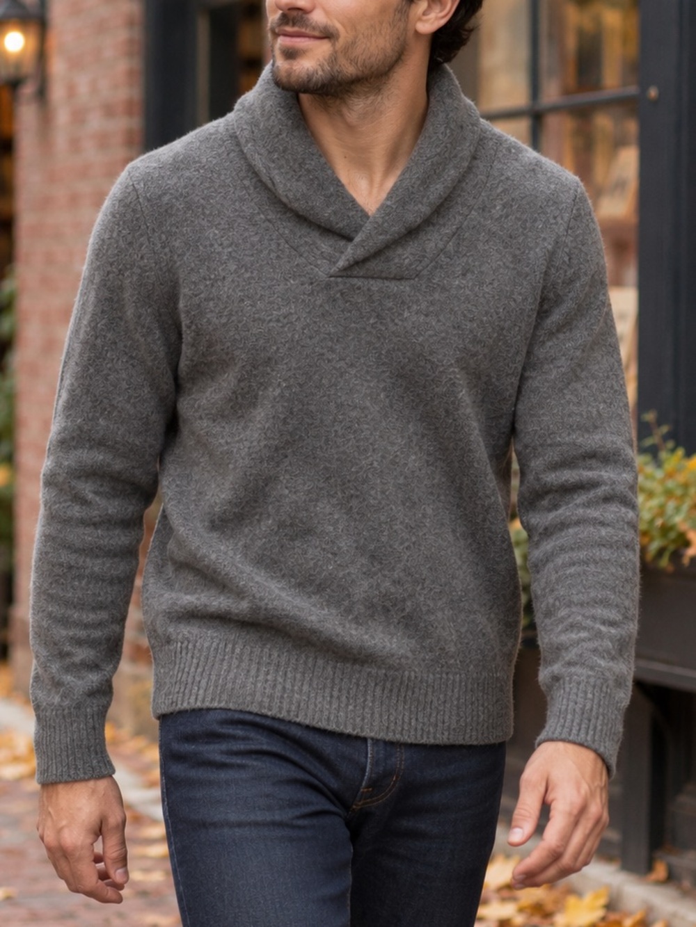 Express Men's Large Gray Shawl Collar Felted Knit Long Sleeve Pullover Sweater